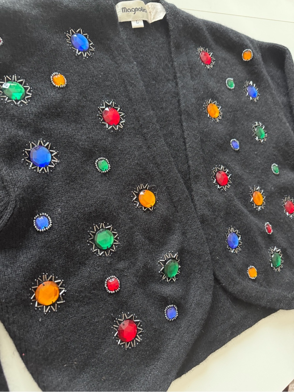 Magnolia Bejeweled Open Cropped Cardigan Wool Sz Large Black Vintage